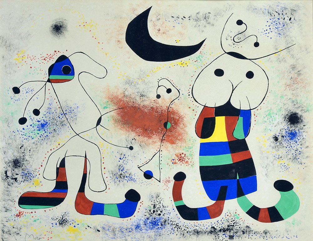 Joan Miró, Senza titolo (Figure biomorfiche e astrali), circa 1950, tempera e gouache su carta. ©️ Joan Miró by SIAE 2024